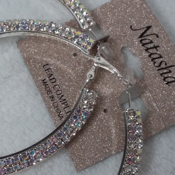 Hoop Pierce Earrings Silver Tone Clear Borealis Rhinestones Natasha - Picture 3 of 7